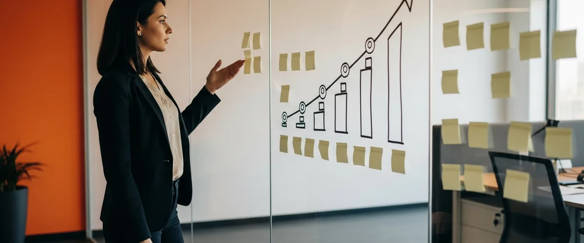 Product manager mapping an upward career progression diagram on a glass wall in a modern office