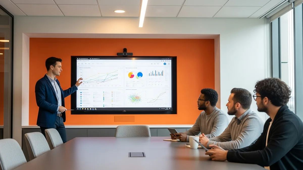 AI product manager presenting model evaluation dashboards to a cross-functional team in a conference room