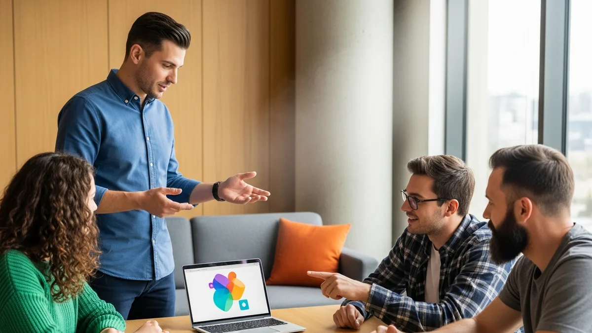 AI product manager leading a cross-functional product review with three engineers around a laptop