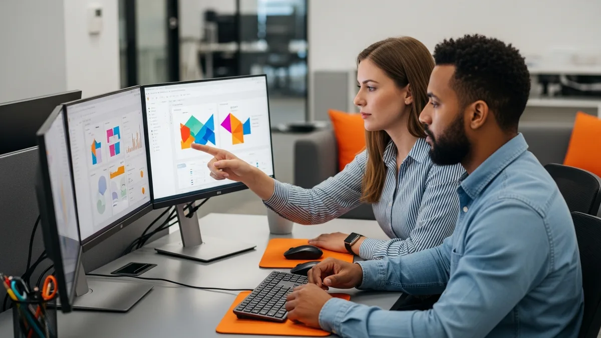 AI product manager and data scientist reviewing model evaluation dashboards on dual monitors