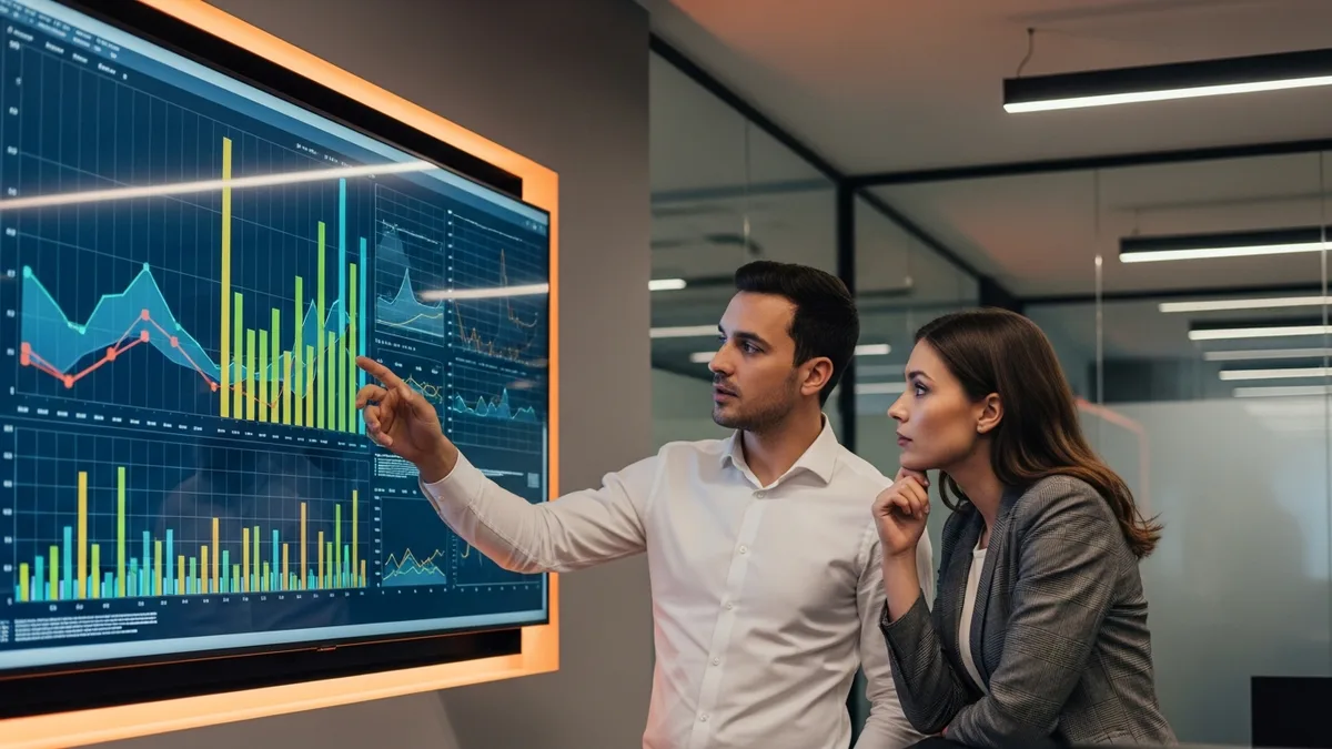 AI product manager and data scientist reviewing model evaluation metrics on a large dashboard monitor