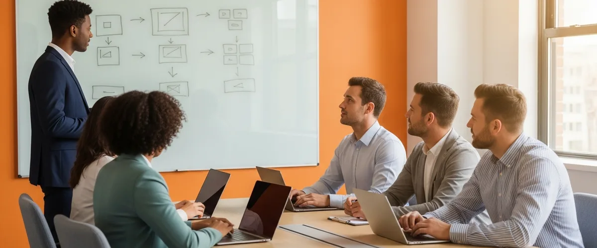 Hiring panel interviewing an AI product manager candidate who is presenting at a whiteboard during a 2026 interview
