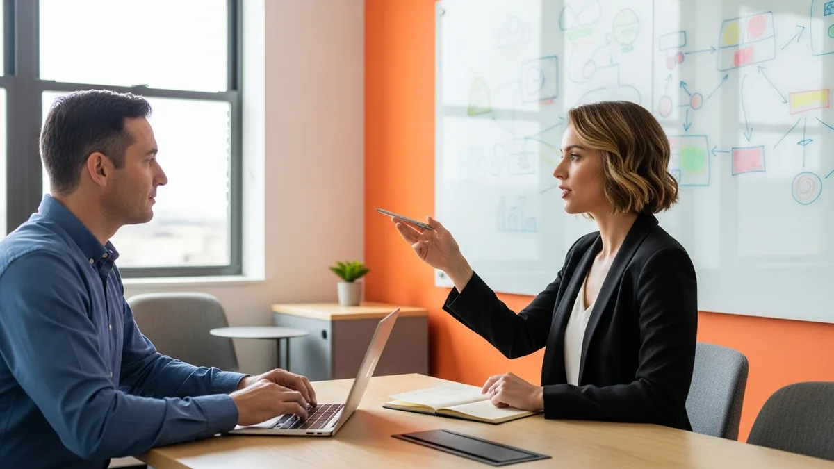 AI product manager candidate gesturing at a whiteboard while a hiring manager takes notes during an interview