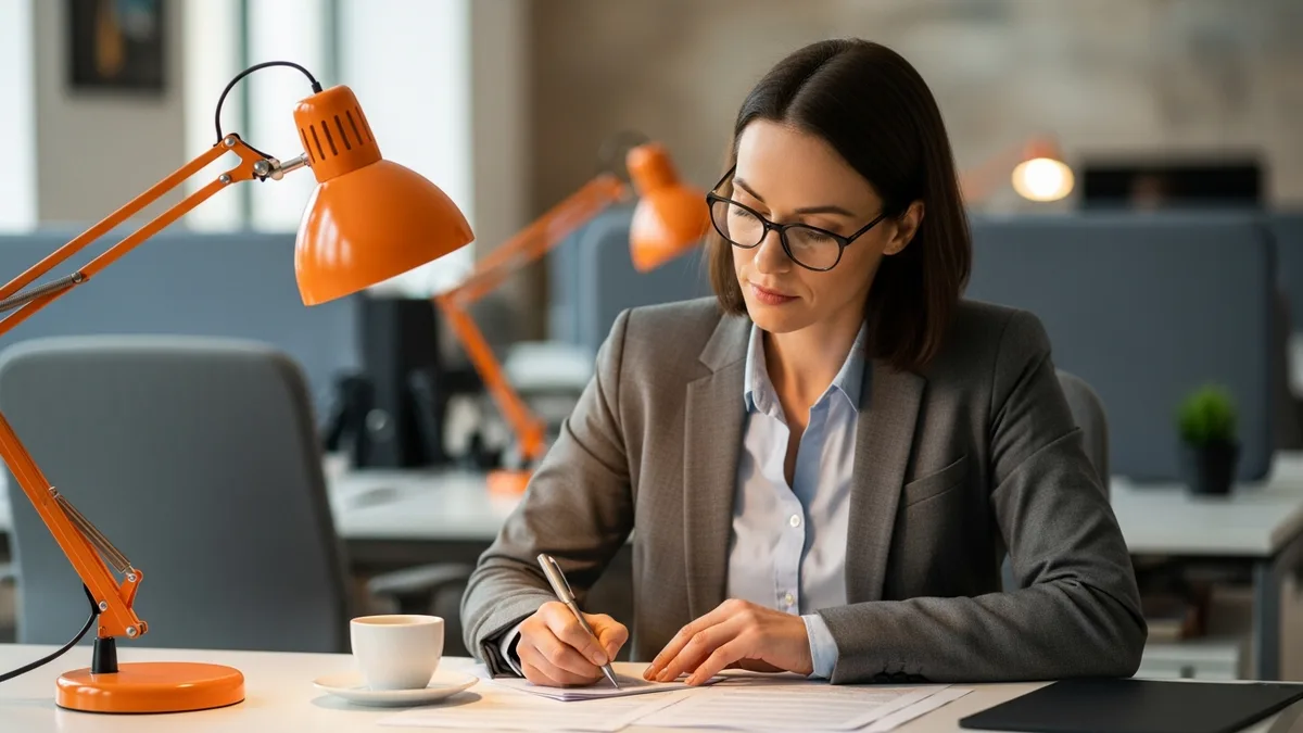 Hiring manager drafting an AI product manager job description and writing notes at an orange-lit office desk