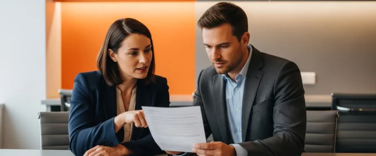 Hiring manager and recruiter reviewing a printed AI product manager job description together at a modern office table