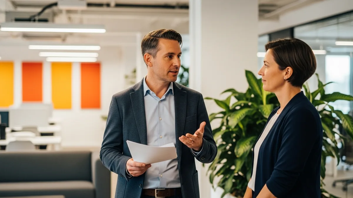 Two product leaders discussing an AI product manager job description, one holding a printed job posting