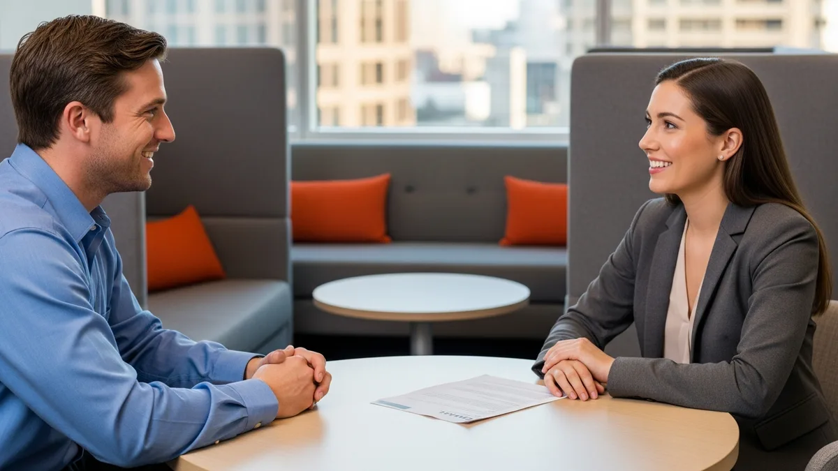 Recruiter interviewing an AI product manager candidate with a printed resume on the office table