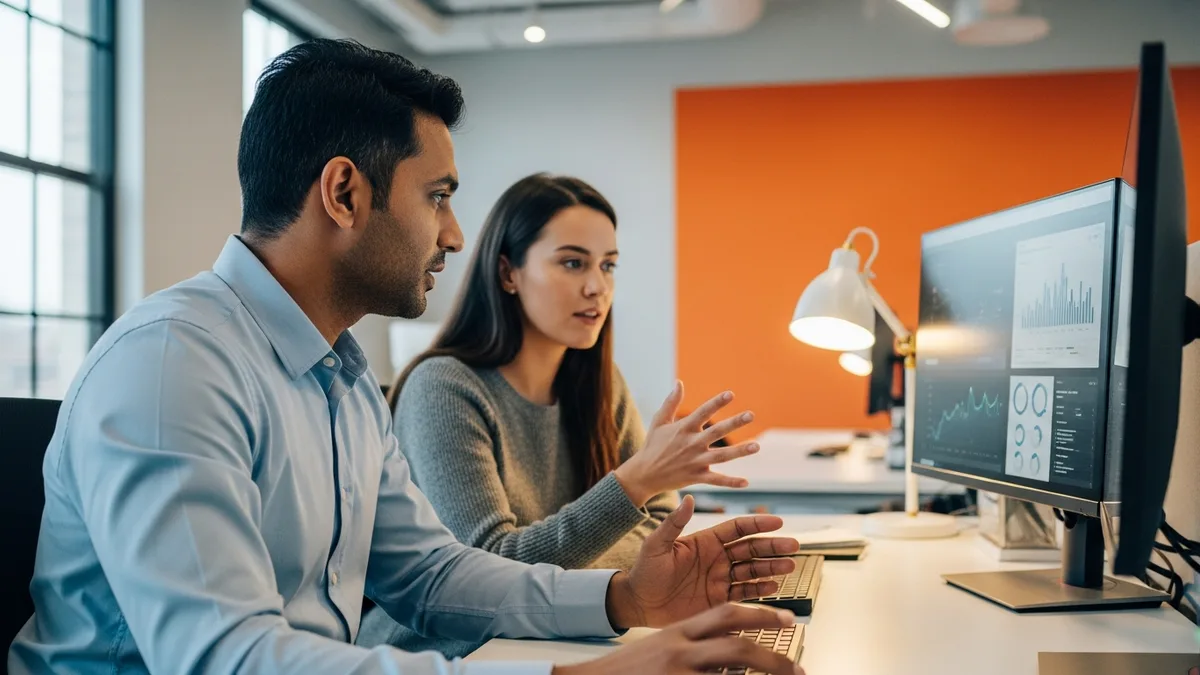 AI product manager and machine learning engineer reviewing model evaluation metrics on a monitor