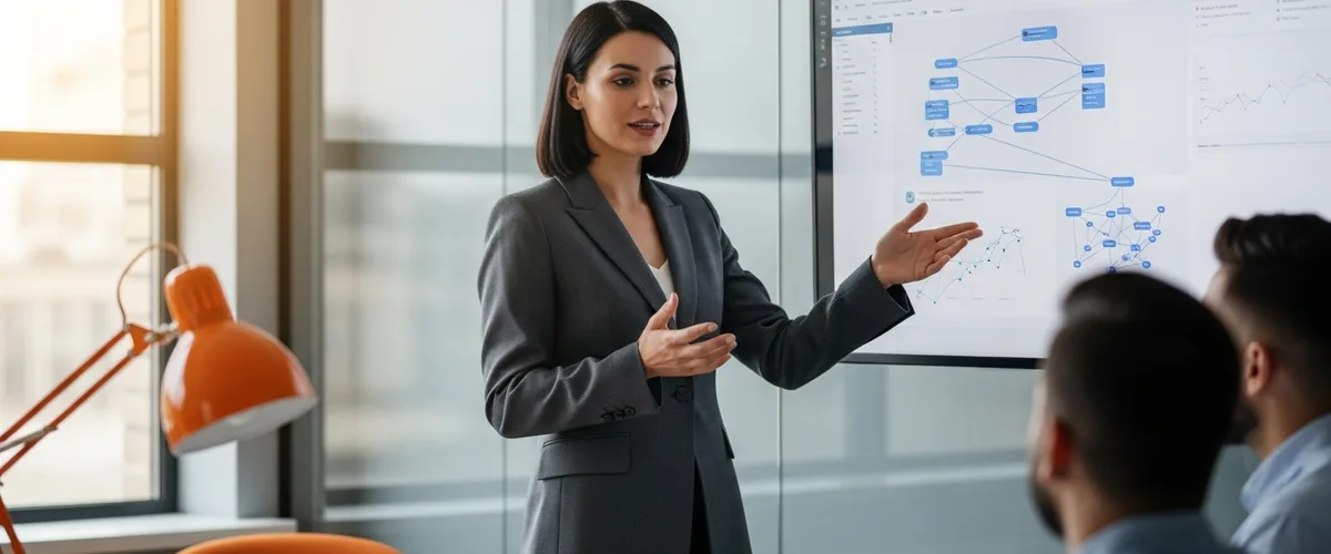 AI product manager presenting a model evaluation dashboard to colleagues in a modern office
