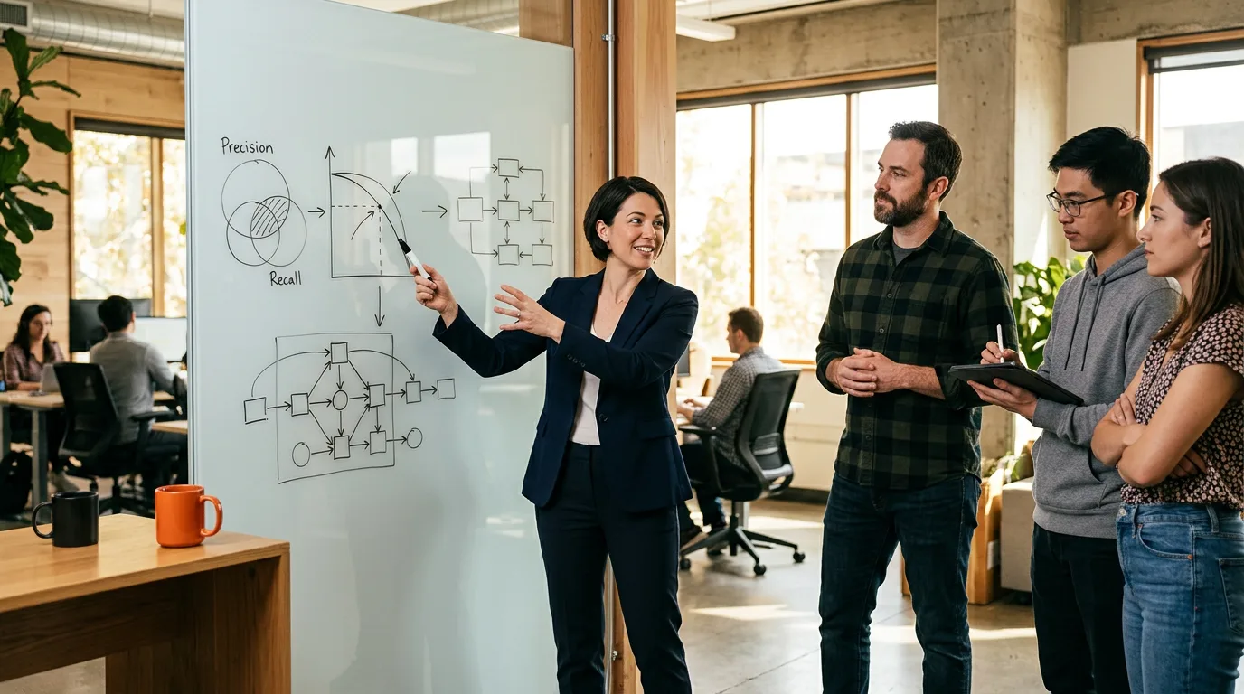 AI product manager whiteboarding an evaluation harness with three engineers, showing precision recall tradeoffs and labeling cost on the wall
