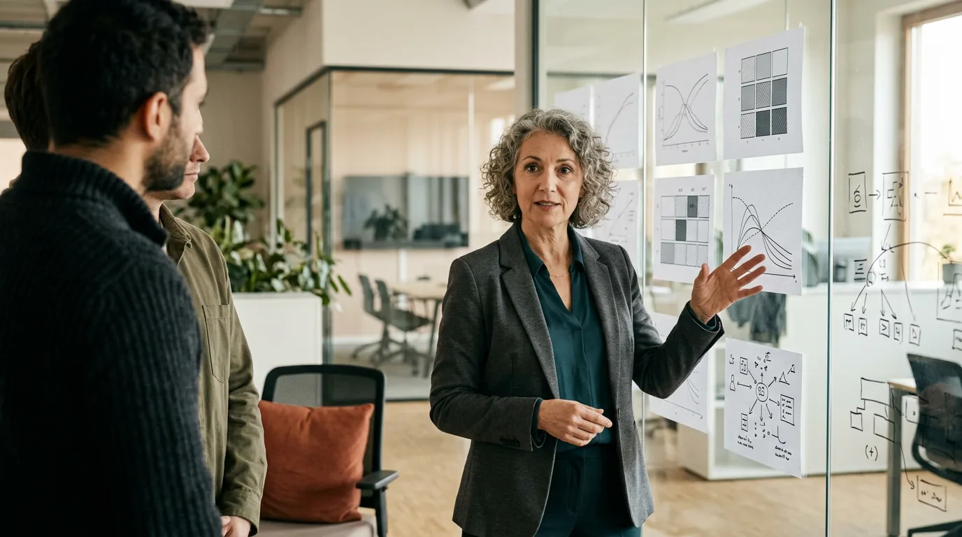 AI product manager presenting a precision recall curve to two engineers and a data scientist in a daylit modern product office
