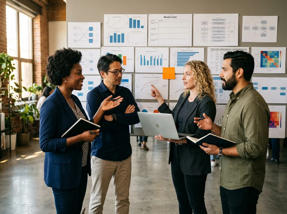 Four AI product managers from different backgrounds gathered around a wall of evaluation charts and model cards in a daylit modern studio