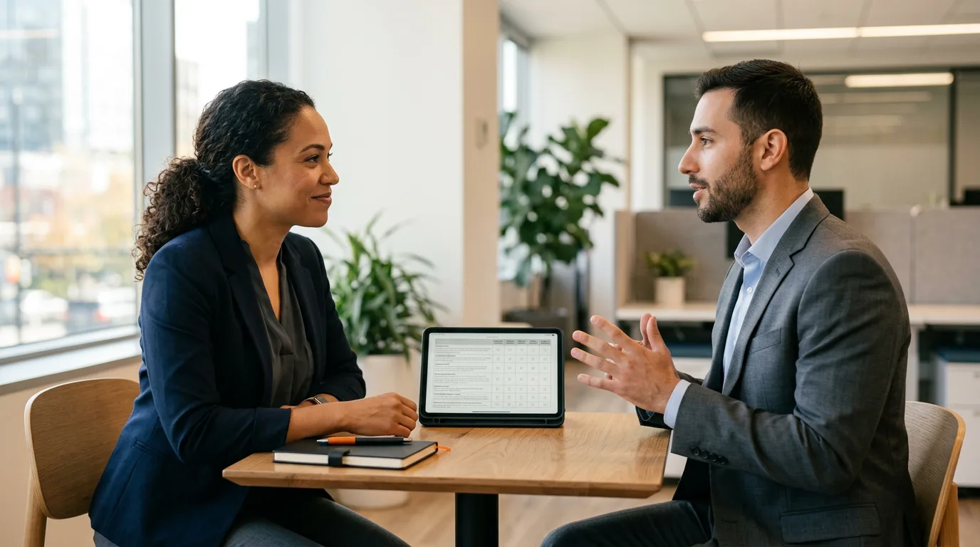 KORE1 recruiter and AI product manager candidate reviewing an evaluation rubric on a tablet across a wooden table in a daylit office