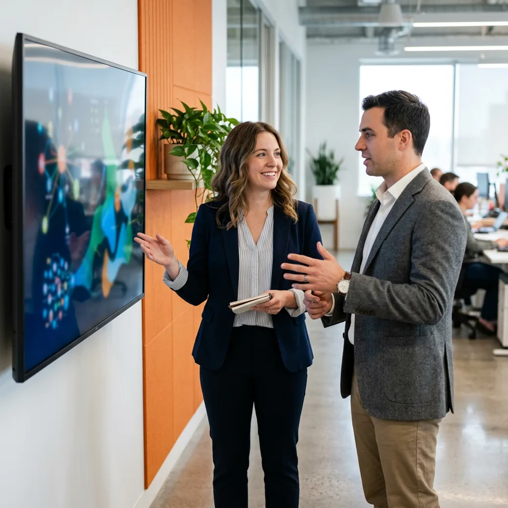 Two KORE1 AI recruiters comparing notes on machine learning candidates with sourcing data on a monitor