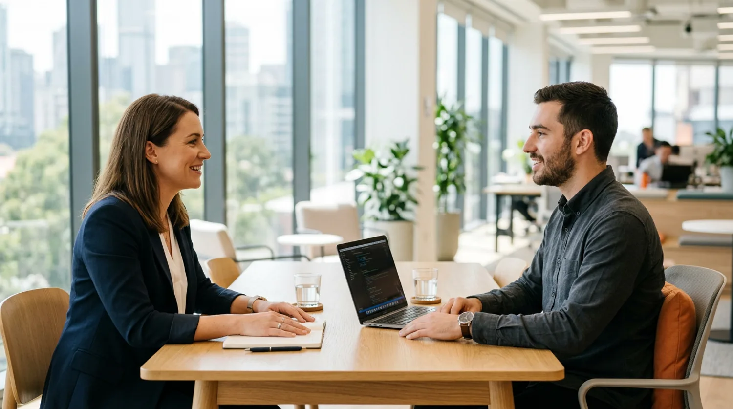 KORE1 AI recruiter interviewing a machine learning engineering candidate in a bright modern office