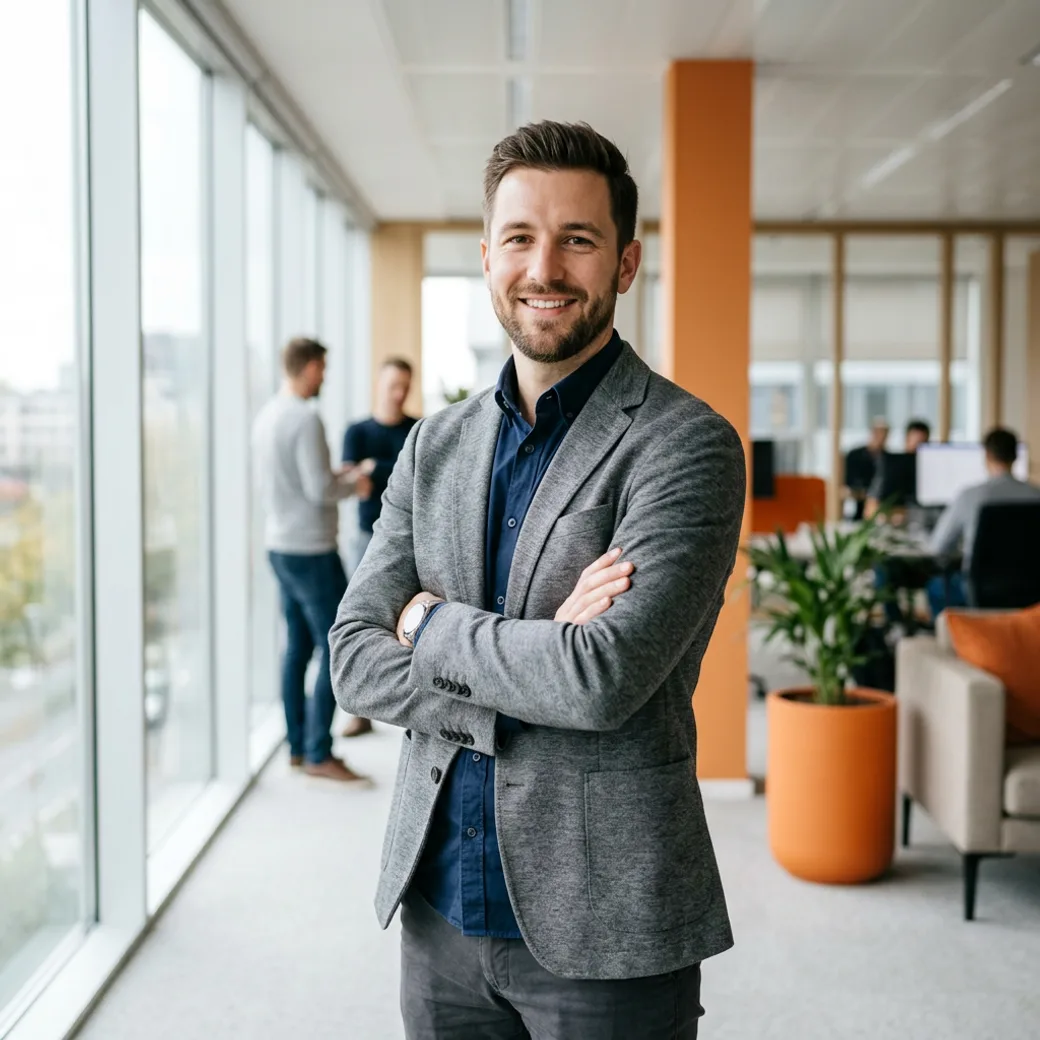 Machine learning engineer placed by KORE1 AI recruiters standing confidently in a modern office