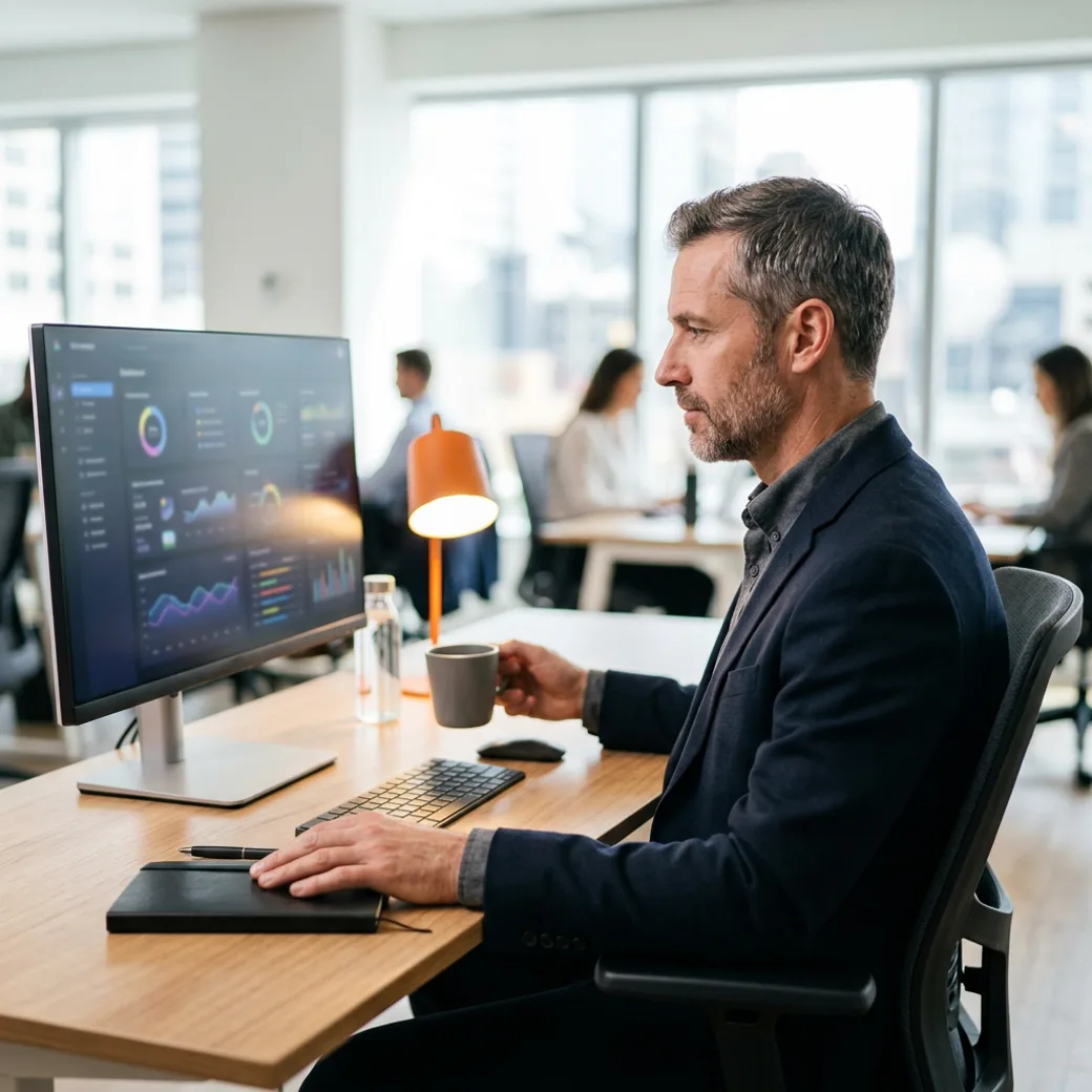 KORE1 AI recruiter reviewing machine learning candidate profiles on a screen at a desk