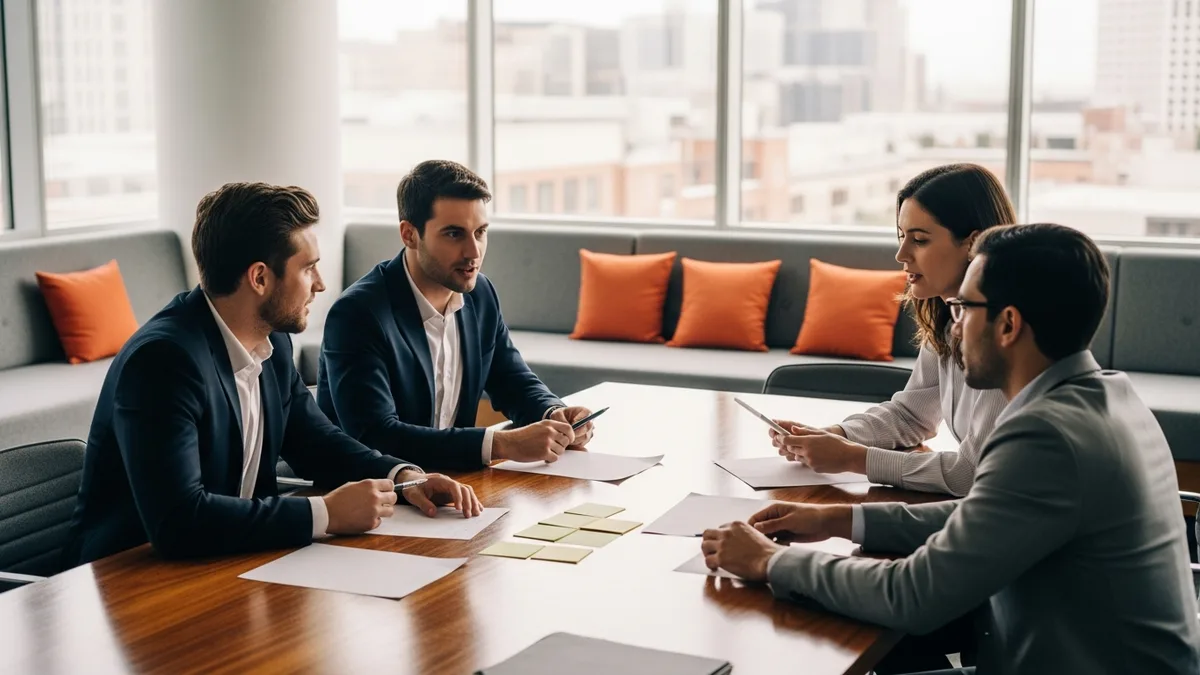 Cross-functional AI team meeting around a conference table to plan roles and reporting structure