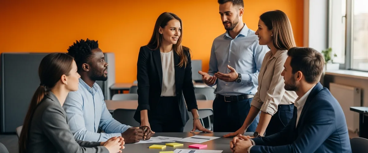 Cross-functional AI team of product, engineering, and data professionals collaborating in a modern office