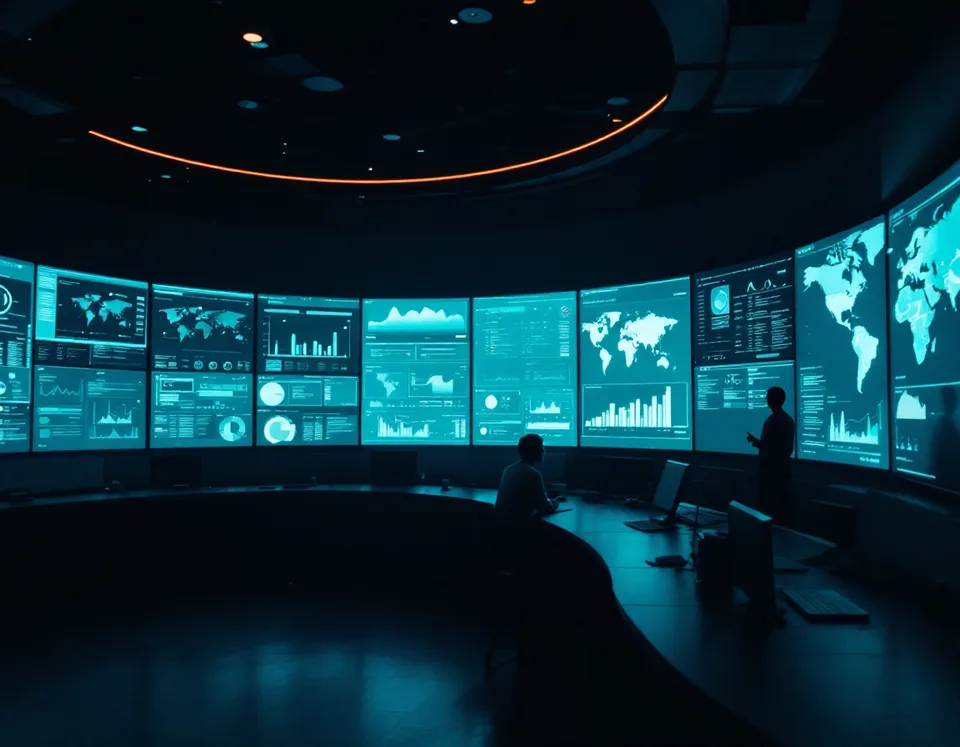 A network operations center command wall showing calm, healthy AIOps dashboards at night