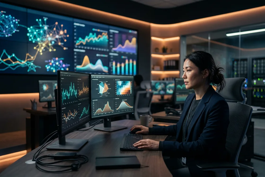 AIOps engineer monitoring anomaly detection and incident correlation dashboards across multiple screens in a network operations center with orange accent lighting