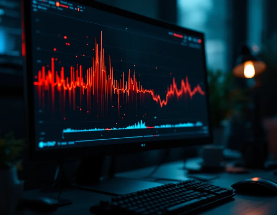 A dark-mode AIOps observability dashboard showing alert noise resolving into a single clean signal on a monitor