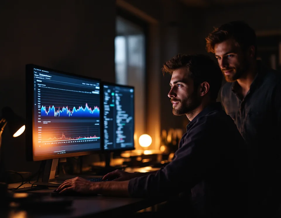 Two engineers reviewing dark-mode observability dashboards on dual monitors in a dim engineering office