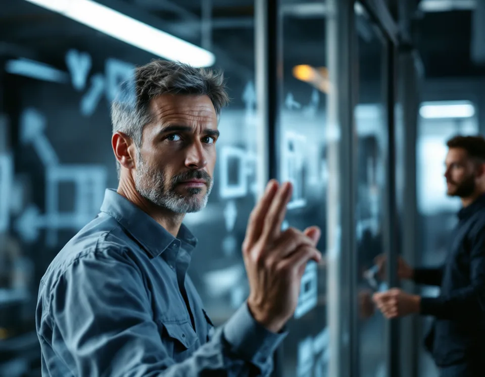 An engineer working through an AIOps architecture diagram on a glass wall in a modern engineering workspace