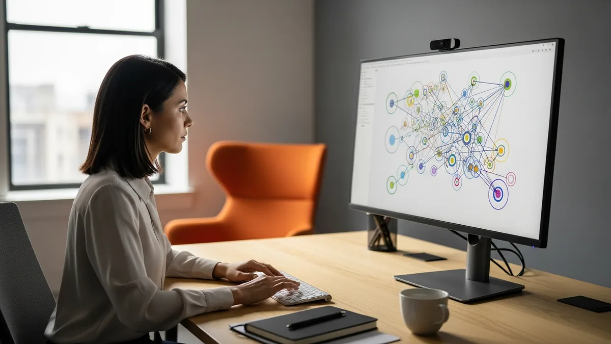 Analytics engineer reviewing a data model lineage diagram on a monitor at a desk