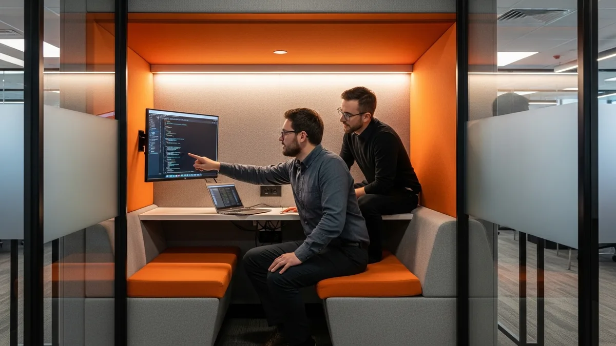 Two analytics engineers pair-reviewing dbt SQL models on a shared monitor during a technical interview