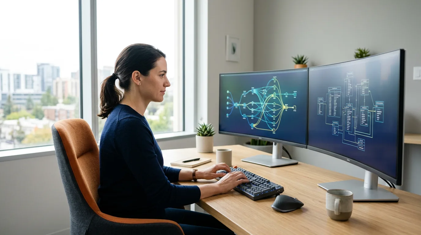Senior analytics engineer reviewing a dbt model lineage graph and Snowflake query profile on dual ultra-wide monitors, KORE1 analytics engineer staffing