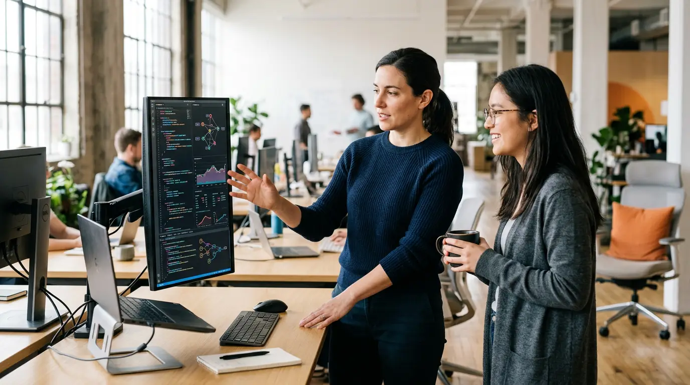 Two analytics engineers pair-reviewing a dbt pull request and lineage graph on a vertical monitor in a bright open office