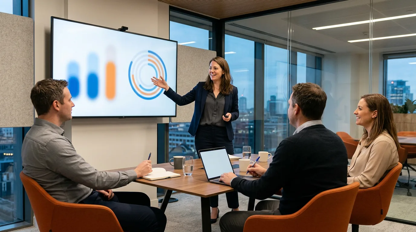 Analytics engineer presenting a semantic layer and metrics dashboard to a finance team around a conference table