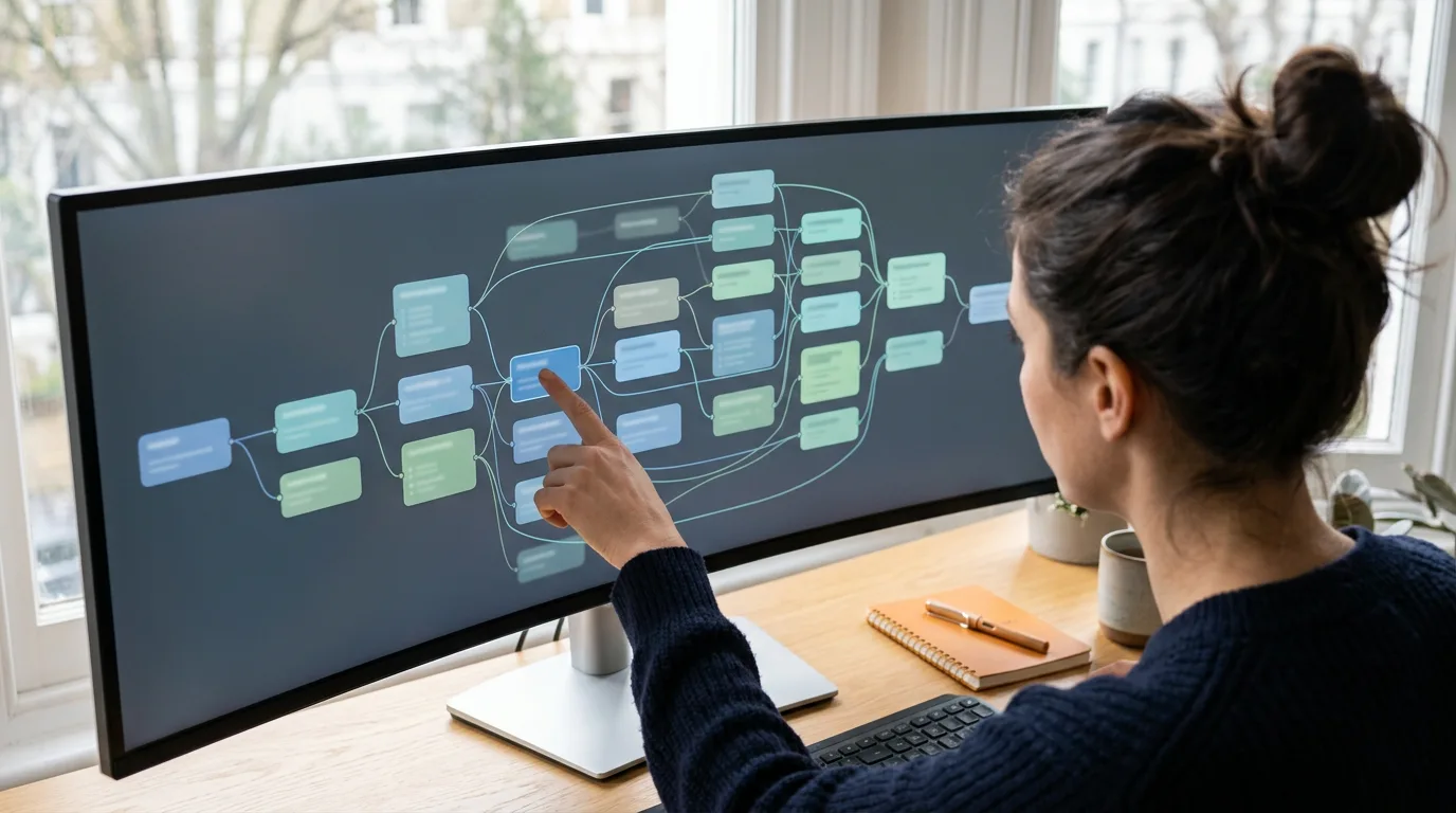 Close-up of a dbt project and Snowflake query interface on a developer monitor with a hand pointing at a model lineage graph