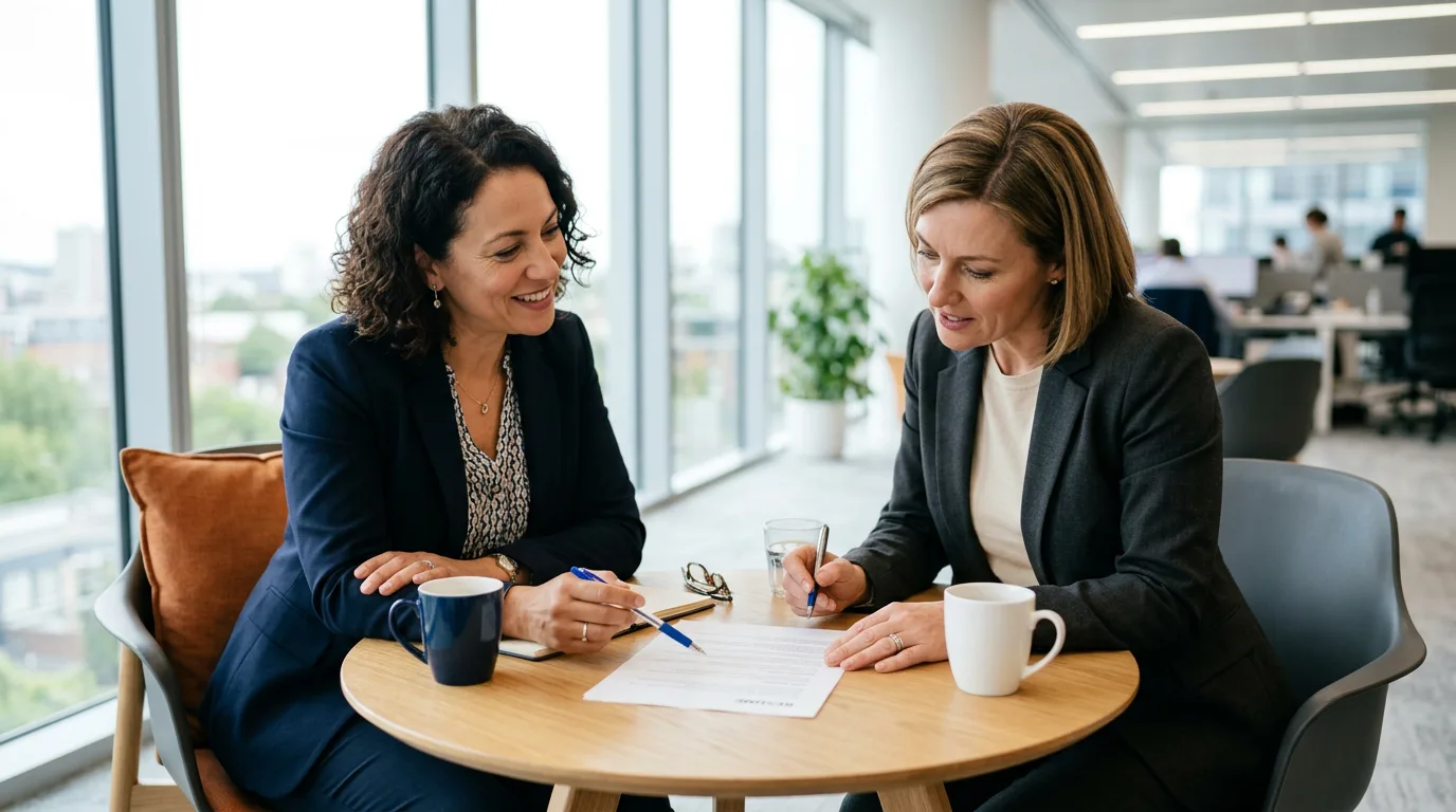 KORE1 senior recruiter reviewing an analytics engineer candidate resume with a hiring manager in a modern Irvine office