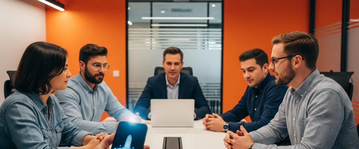 Hiring manager and technology team reviewing an AI product and hiring strategy in a modern office after Apple Intelligence moved to Google Gemini