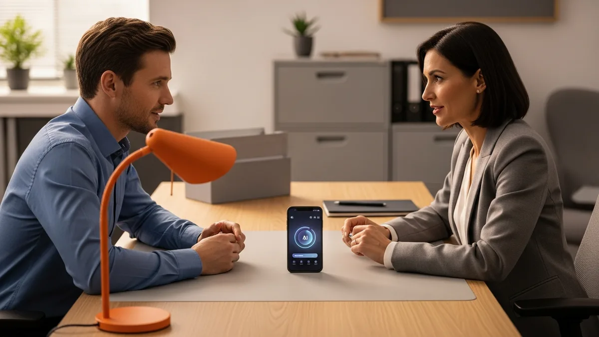Recruiter and hiring manager discussing AI talent strategy at a desk, a smartphone showing an AI assistant interface between them