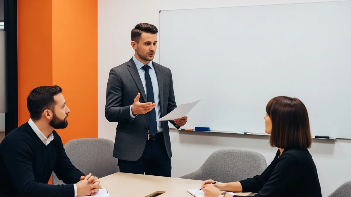 Associate product manager presenting to two colleagues at a blank whiteboard in a meeting room