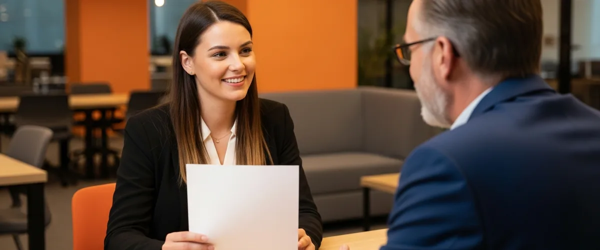 Associate product manager reviewing a printed summary with a senior colleague in a modern tech office, illustrating 2026 associate product manager salary benchmarks