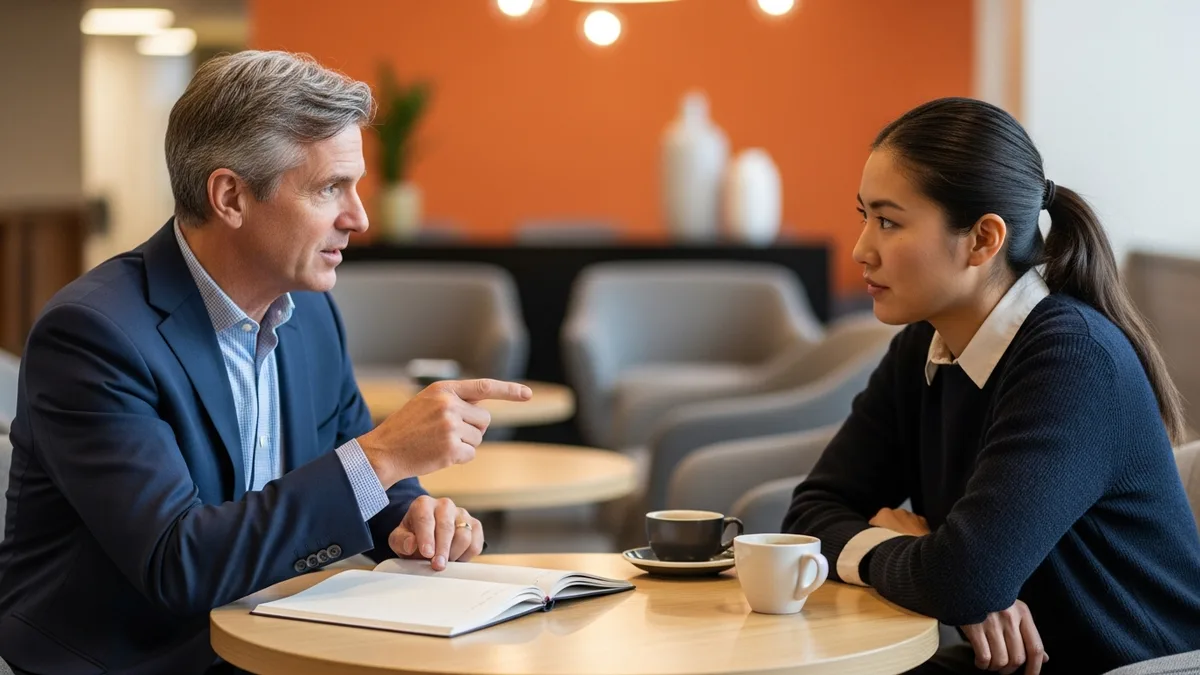 Senior product manager mentoring an associate product manager across a small table in an office lounge