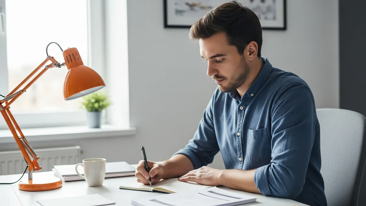 Associate product manager taking handwritten notes on a product spec at a desk in a startup office