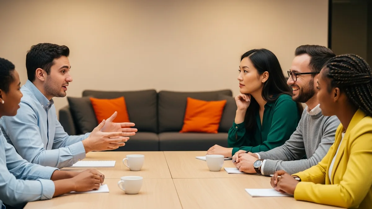 Associate product manager in a collaborative product discussion with four colleagues around a meeting table
