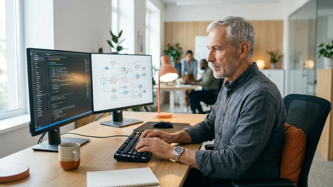 Senior backend developer tracing an API request through service and database code across dual monitors, KORE1 backend developer staffing