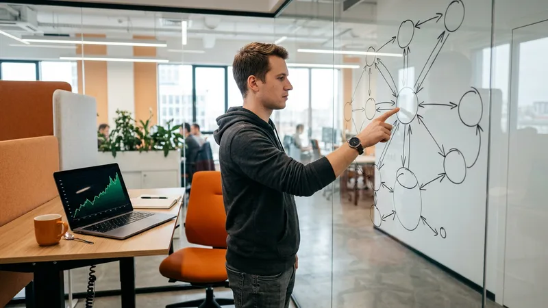 Backend developer reviewing a microservice architecture diagram and an API contract on screen while a load graph spikes