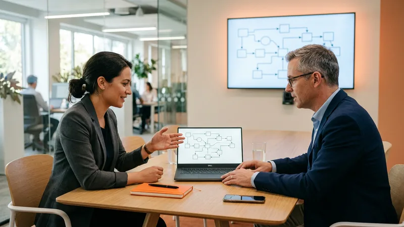 KORE1 technical recruiter reviewing a backend developer candidate with a senior engineer panelist, API and system design notes on the wall monitor
