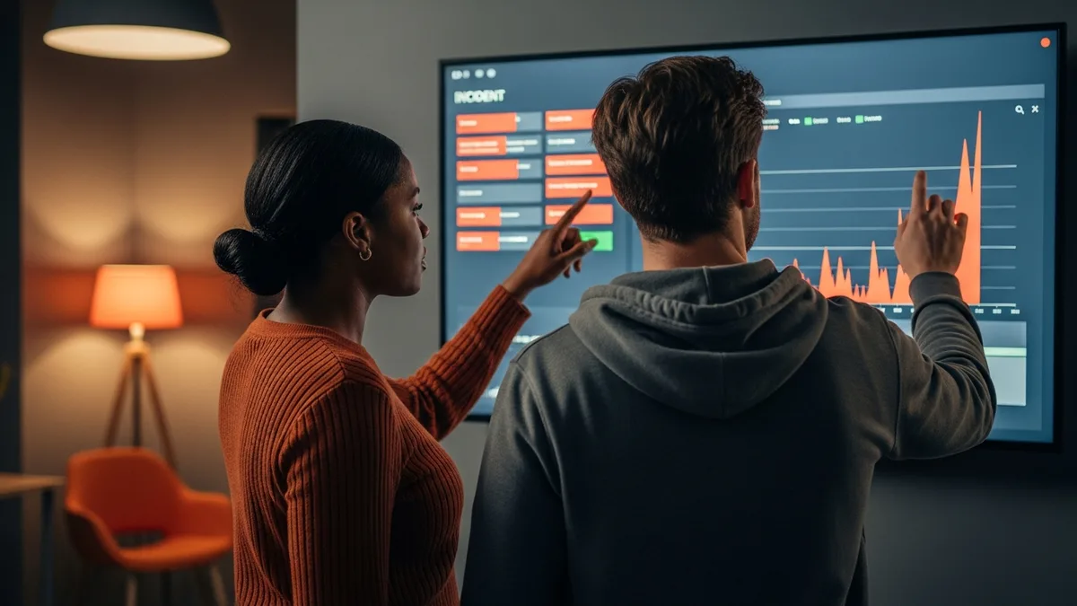 Two backend engineers pointing at a spiking metric on a production incident dashboard during an on-call rotation