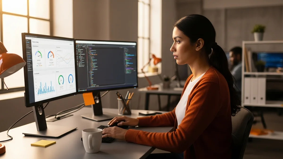 Backend software engineer reviewing a service metrics dashboard and code on dual monitors during a production investigation