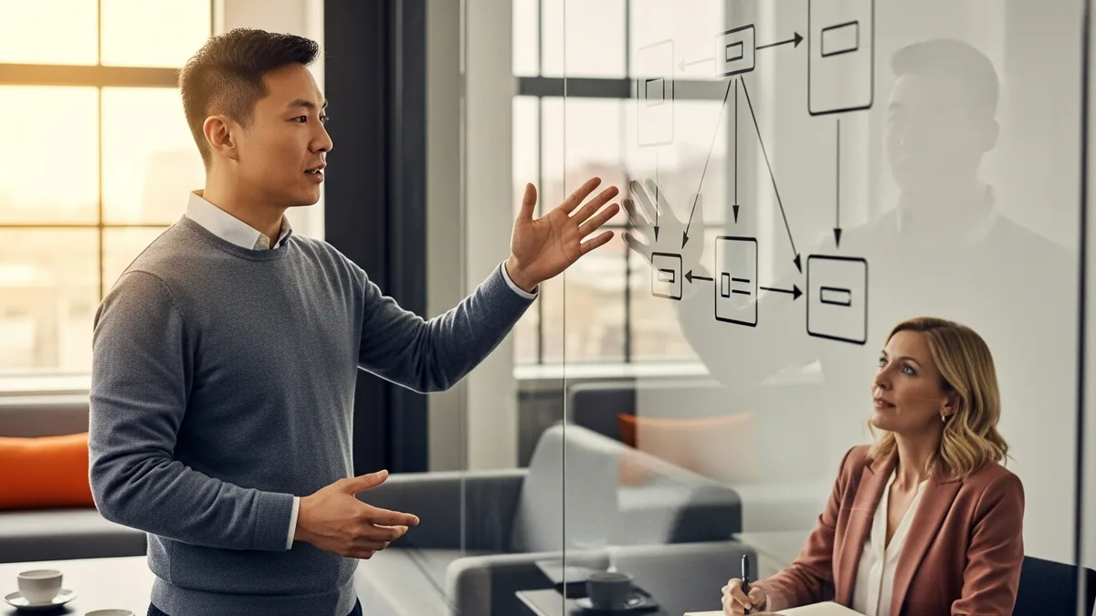 Backend engineer candidate sketching a distributed system design of boxes and arrows on a glass whiteboard for an interviewer