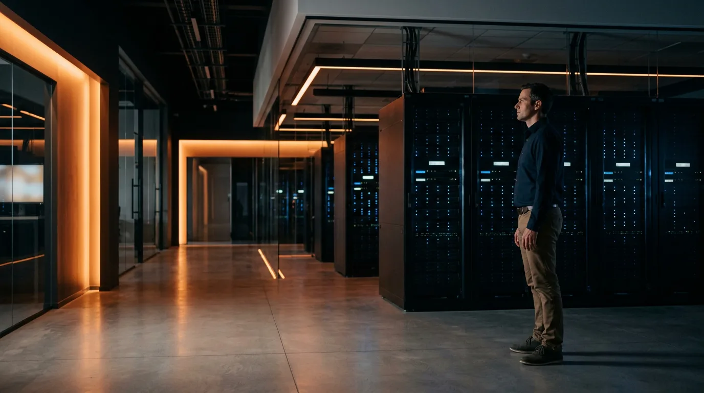 Banking IT staffing operations center with server racks and an IT professional inside a bank data center