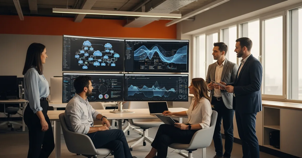 Data engineering team reviewing data pipeline dashboards in a modern office, illustrating the best data engineer recruiting firms for 2026